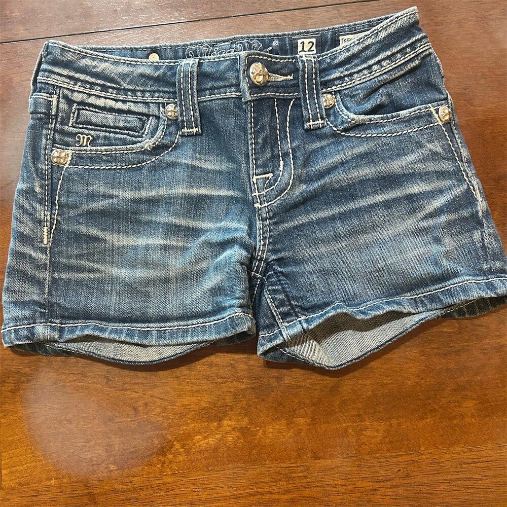 Miss Me Girls Jean Shorts Size 12 Dark Wash Cuffed Bling Cross Pockets